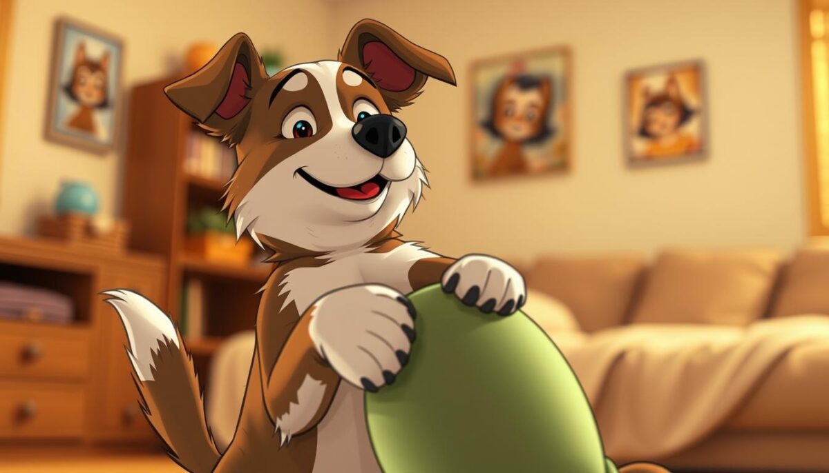 A canine mounting a toy in a playful, casual manner. The dog is in the foreground, with its front paws resting on the toy and its hind legs raised. The animal's expression is relaxed and its tail is wagging gently. The scene is set in a warm, natural lighting, with a blurred background of a domestic indoor setting, such as a living room or bedroom. The composition emphasizes the dog's behavior, with a medium-close framing that captures the dog's body and the toy it is interacting with.