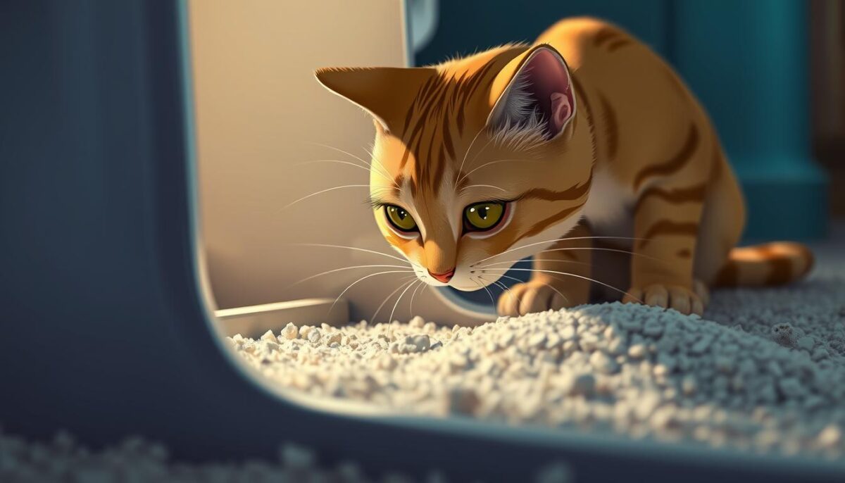 A cat carefully examining its litter box, scrutinizing the surface with piqued interest. The feline's head is tilted, whiskers twitching as it considers its options. Soft, ambient lighting illuminates the scene, casting subtle shadows that accentuate the textures of the litter. The background is blurred, creating a sense of focus on the cat's behavior and the litter box itself. The composition is balanced, with the cat positioned off-center, allowing the viewer to observe its habits and decision-making process. An intimate, observational tone pervades the image, inviting the viewer to empathize with the cat's litter box experience.
