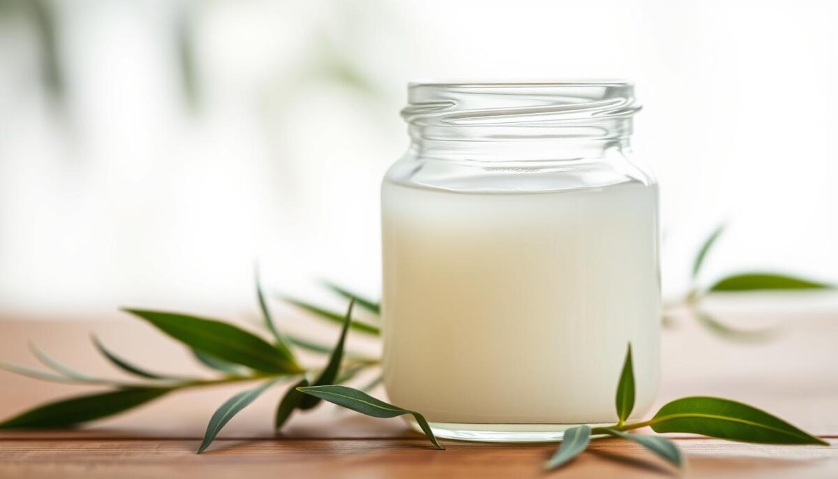 A close-up, high-quality photograph of a small glass jar filled with pure, unrefined coconut oil, set against a soft, diffused natural light background. The jar is positioned on a wooden surface, with a few fresh green leaves of a plant or herb scattered around it, creating a soothing, organic aesthetic. The lighting should gently accentuate the subtle sheen and translucent quality of the coconut oil, evoking a sense of purity and natural wellness. The overall composition should convey a sense of simplicity, balance, and the potential benefits of using coconut oil as a natural remedy for dog bad breath.