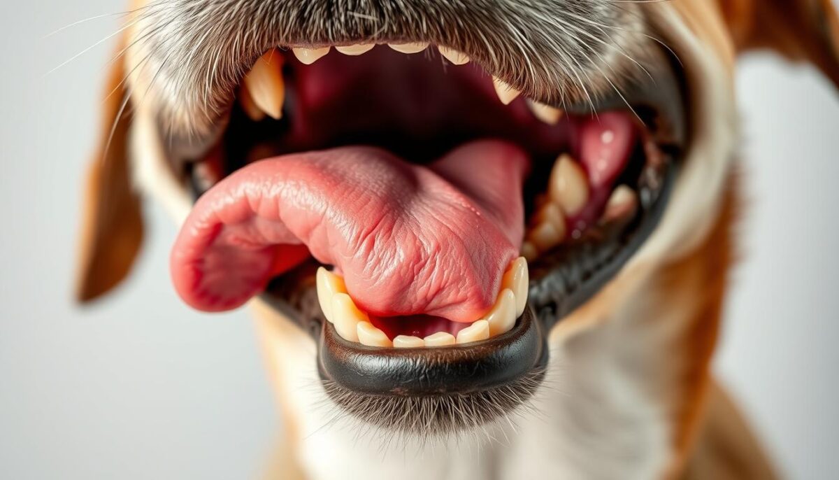 A close-up, high-resolution photograph of a dog's open mouth, showcasing unpleasant dental issues that contribute to bad breath. The image should have a crisp, clinical focus, emphasizing the gums, teeth, and tongue, with a neutral, sterile lighting that highlights the details. The background should be a plain, solid-color surface to direct the viewer's attention solely to the dog's oral cavity. Capture the texture and discoloration of the teeth, any visible plaque or tartar buildup, and the moist, slightly pink gum tissue. Convey a sense of concern and the need for dental hygiene, without being overly graphic or disturbing.