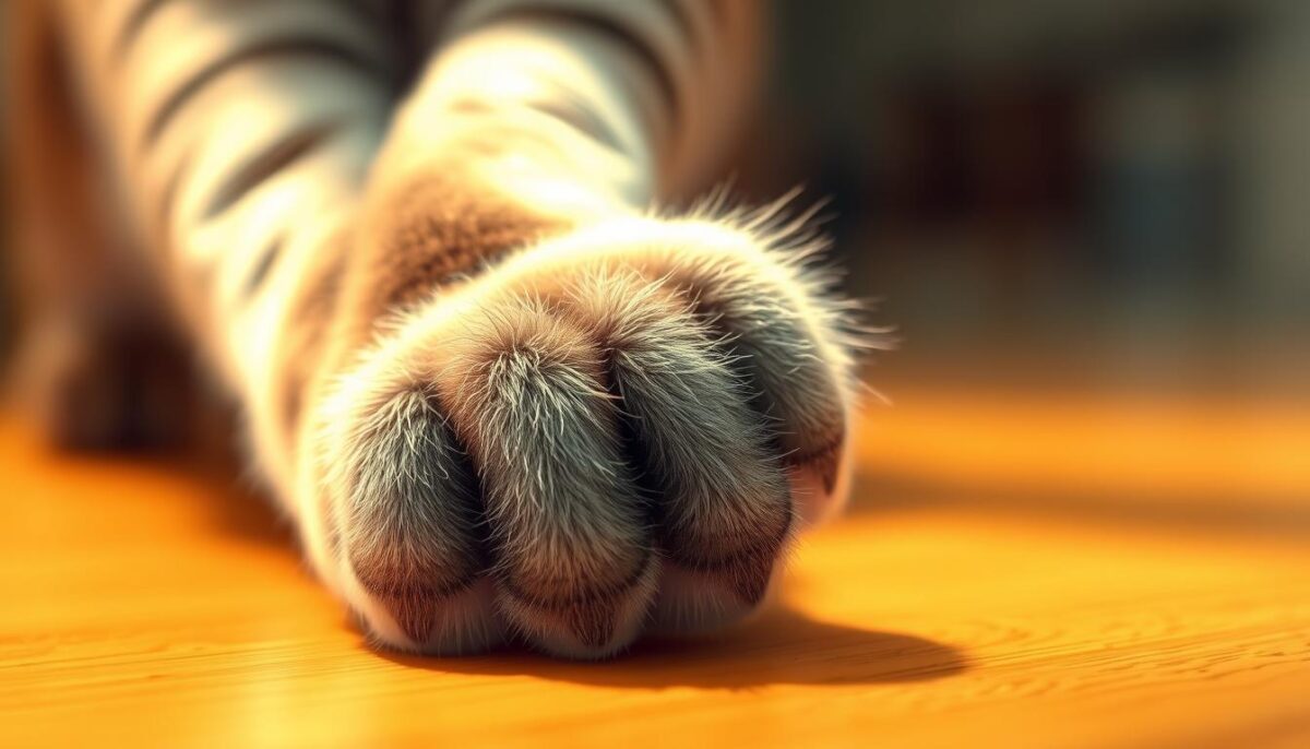 A detailed, close-up view of a cat's paw, highlighting the paw pads and claws. The paw is positioned prominently in the foreground, with a soft, blurred background to draw the viewer's attention. The lighting is warm and diffused, creating a gentle, soothing atmosphere. The image should convey a sense of vulnerability and the need for medical attention, reflecting the subject of the article section.