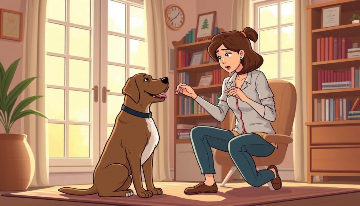 A dog behavior modification session in a cozy home office environment. The dog, a friendly Labrador, sits attentively as a skilled dog trainer demonstrates positive reinforcement techniques. Soft, natural lighting filters through large windows, casting a warm glow. The trainer, wearing casual but professional attire, uses gentle hand motions and treats to guide the dog through a series of commands. In the background, bookshelves filled with training manuals and certificates suggest expertise. The overall scene conveys a sense of trust, patience, and the rewarding process of modifying a dog's behavior through proven, humane methods.