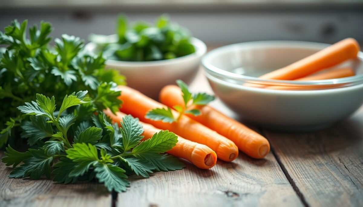 A high-quality, detailed photograph of various natural home remedies for dog bad breath, including fresh parsley, mint leaves, carrot sticks, and a bowl of water. The scene is set on a rustic wooden table, with soft, natural lighting illuminating the ingredients. The focus is on the foreground, where the remedies are arranged neatly, while the background is slightly blurred, creating a sense of depth and focus. The overall mood is clean, fresh, and welcoming, conveying the idea of a simple, effective solution to the problem of dog bad breath.