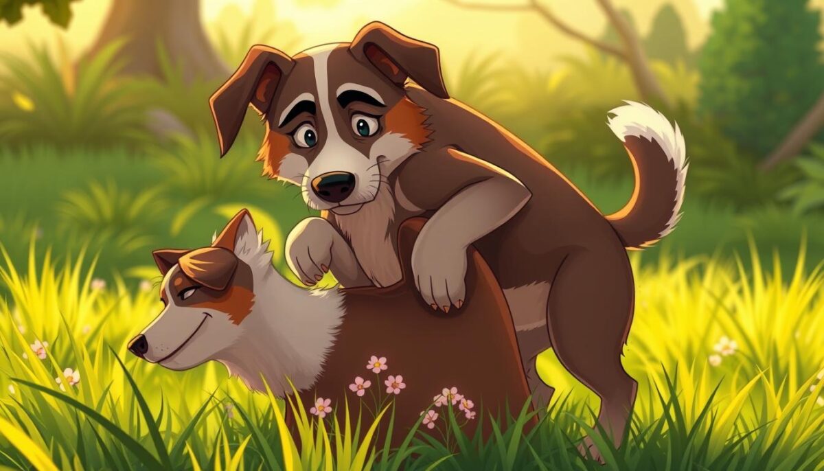 A male dog mounting another dog, with a focused, determined expression on its face. The dogs are in a natural outdoor setting, with lush green grass and a few scattered flowers in the middle ground. Soft, warm lighting illuminates the scene, creating a peaceful, naturalistic atmosphere. The camera angle is slightly elevated, giving a clear view of the mounting behavior. The level of detail should be high, capturing the texture of the dog's fur and the subtle movements of their bodies.