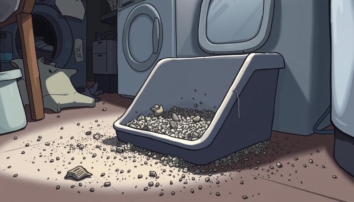 A messy, unkempt litter box sits in a dimly lit corner of a cluttered laundry room. The litter is clumped and soiled, emitting a faint odor. Stray litter granules litter the floor around the box, and a few stray cat hairs cling to the sides. The lighting is harsh, casting unflattering shadows and highlighting the disarray. The overall scene conveys a sense of neglect and an unpleasant environment for the cat. A wide, low-angle perspective captures the full scope of the untidy litter box, emphasizing its unsanitary state.