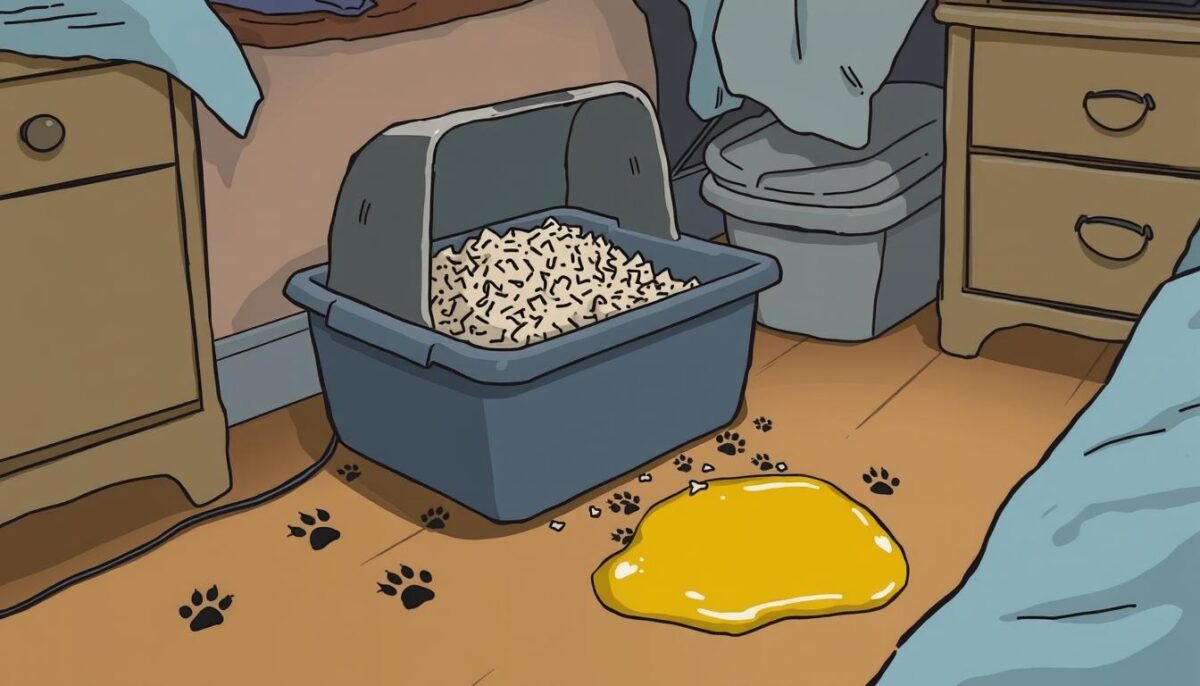 A messy, unsanitary cat litter box sits in a dimly lit corner of a cluttered bedroom. Feline paw prints lead away from the box, and a puddle of urine has formed on the floor nearby. The box is overflowing with clumped, soiled litter, and a strong odor permeates the air. The scene conveys a sense of frustration and neglect, highlighting a common issue faced by cat owners struggling with litter box problems.
