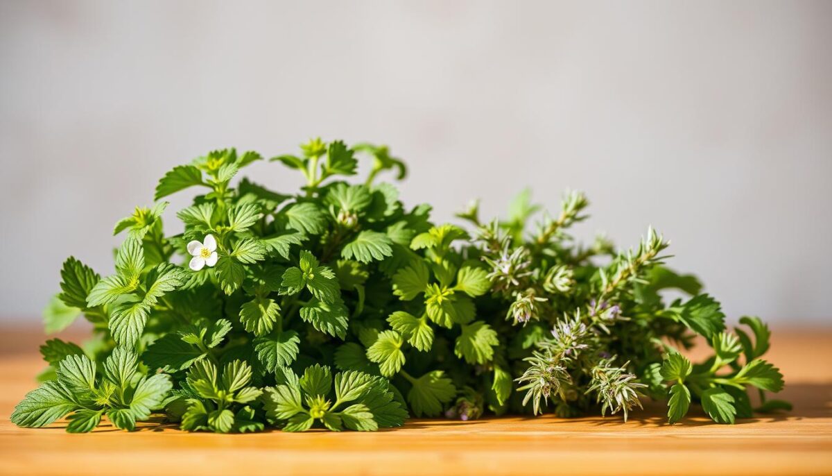A well-lit, still-life scene showing an assortment of fresh, aromatic herbs against a neutral background. The foreground features several sprigs of mint, parsley, thyme, and rosemary arranged in an aesthetically pleasing manner, with their lush green leaves and delicate flowers capturing the natural essence of these plants. The middle ground subtly suggests a kitchen countertop or wooden surface, hinting at the culinary application of these herbs. The background is softly blurred, maintaining focus on the vibrant greenery and emphasizing its role as a natural solution for canine halitosis. Warm, natural lighting casts gentle shadows, evoking a calming, inviting atmosphere suitable for a health-focused article.