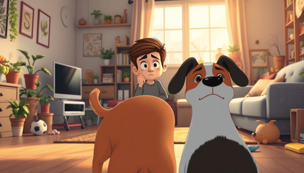 A well-lit studio scene depicting a dog in the foreground, mid-hump, with a thoughtful, slightly distressed human expression in the middle ground, and an array of everyday household items like furniture, plants, and toys in the background, conveying a sense of domestic environment. Soft, natural lighting from a window, creating warm, gentle shadows. Realistic, high-detail rendering, with a focus on capturing the dog's movement and the human's reaction.